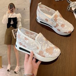 Women's Fashion Lace Mesh Casual High Heel Sneakers (Option: Pink-38)