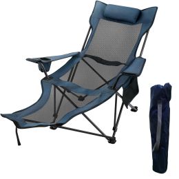 Folding Camp Chair 330 lbs Capacity w/ Footrest Mesh Lounge Chair, Cup Holder and Storage Bag (Color: Blue)