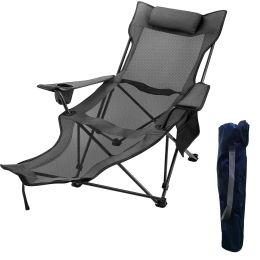 Folding Camp Chair 330 lbs Capacity w/ Footrest Mesh Lounge Chair, Cup Holder and Storage Bag (Color: Gray)